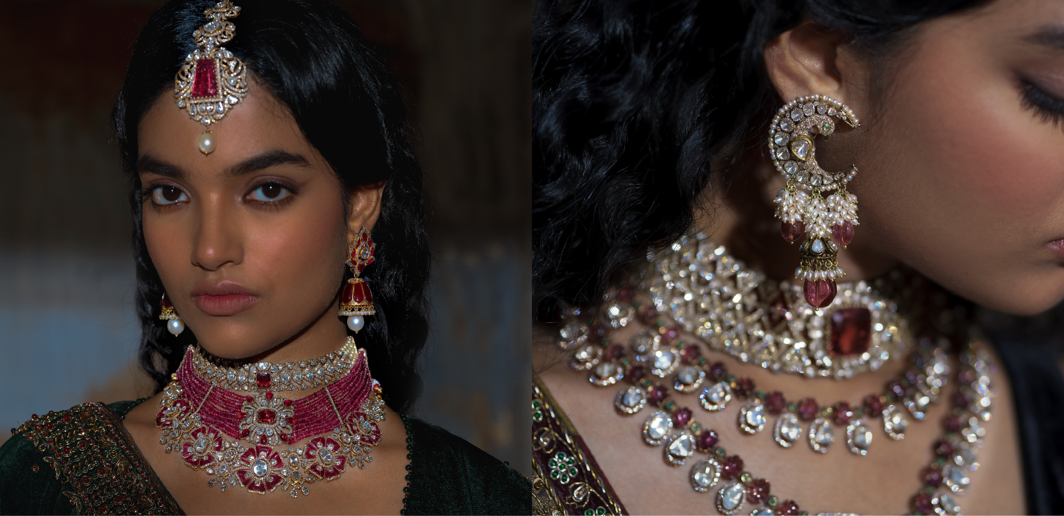 Model wearing Akoya Jewels BASRA collection featuring ruby, diamond and pearl bridal choker, matching earrings and maang tikka inspired by Nizami-era heritage jewellery.