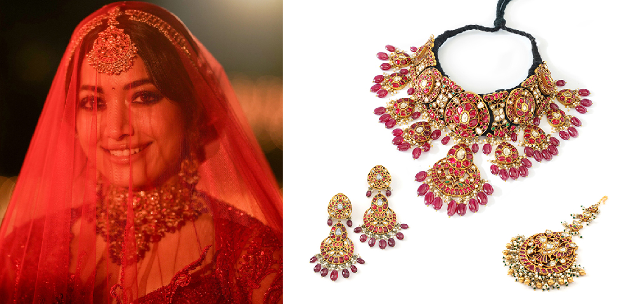 Rashmika Mandanna's Cocktail 2 bridal look featuring handcrafted ruby and polki wedding jewellery by Jagdish Jewellers