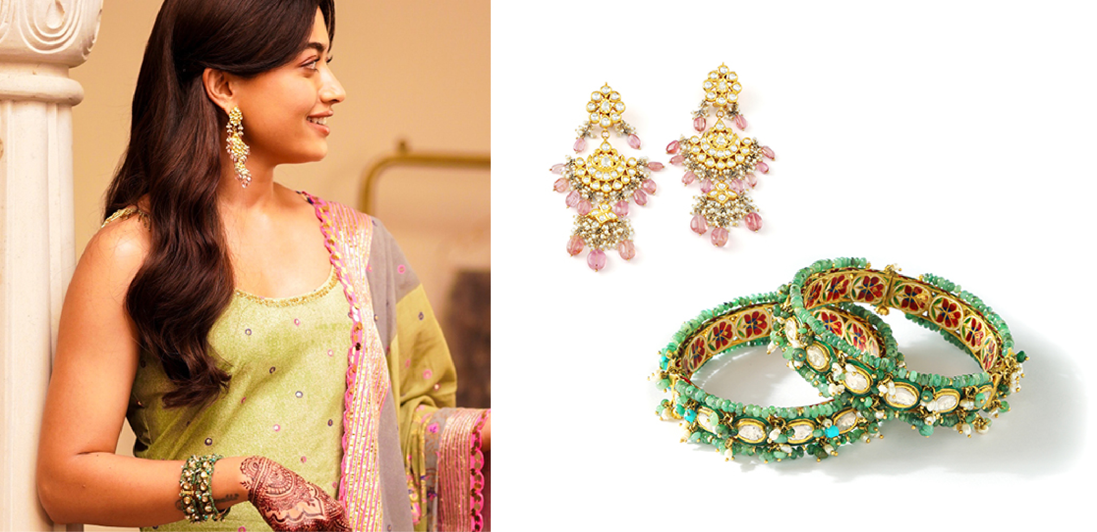 Rashmika Mandanna's Cocktail 2 pre-wedding look featuring emerald bangles and pink gemstone polki earrings by Jagdish Jewellers