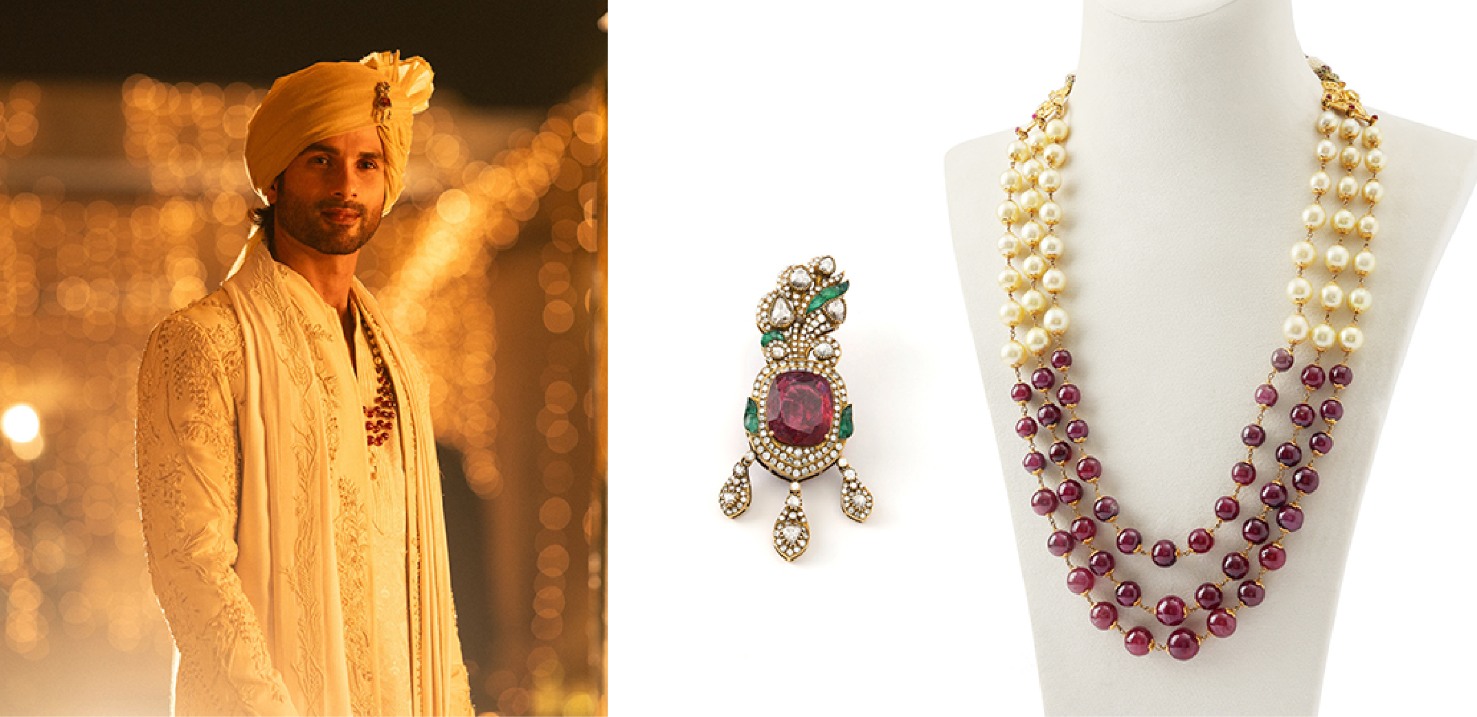 Shahid Kapoor's Cocktail 2 groom look featuring a ruby and pearl mala with a regal sarpech by Jagdish Jewellers