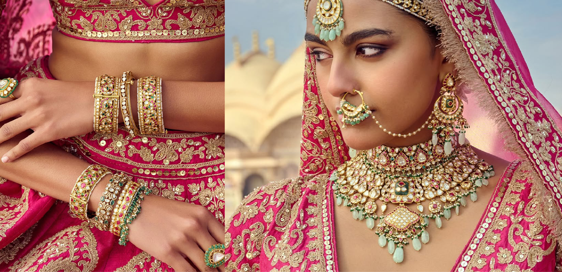 Bride in vibrant pink bridal lehenga wearing traditional Polki choker, maang tikka, nath and matching bridal jewellery by Kalavarni Jewels