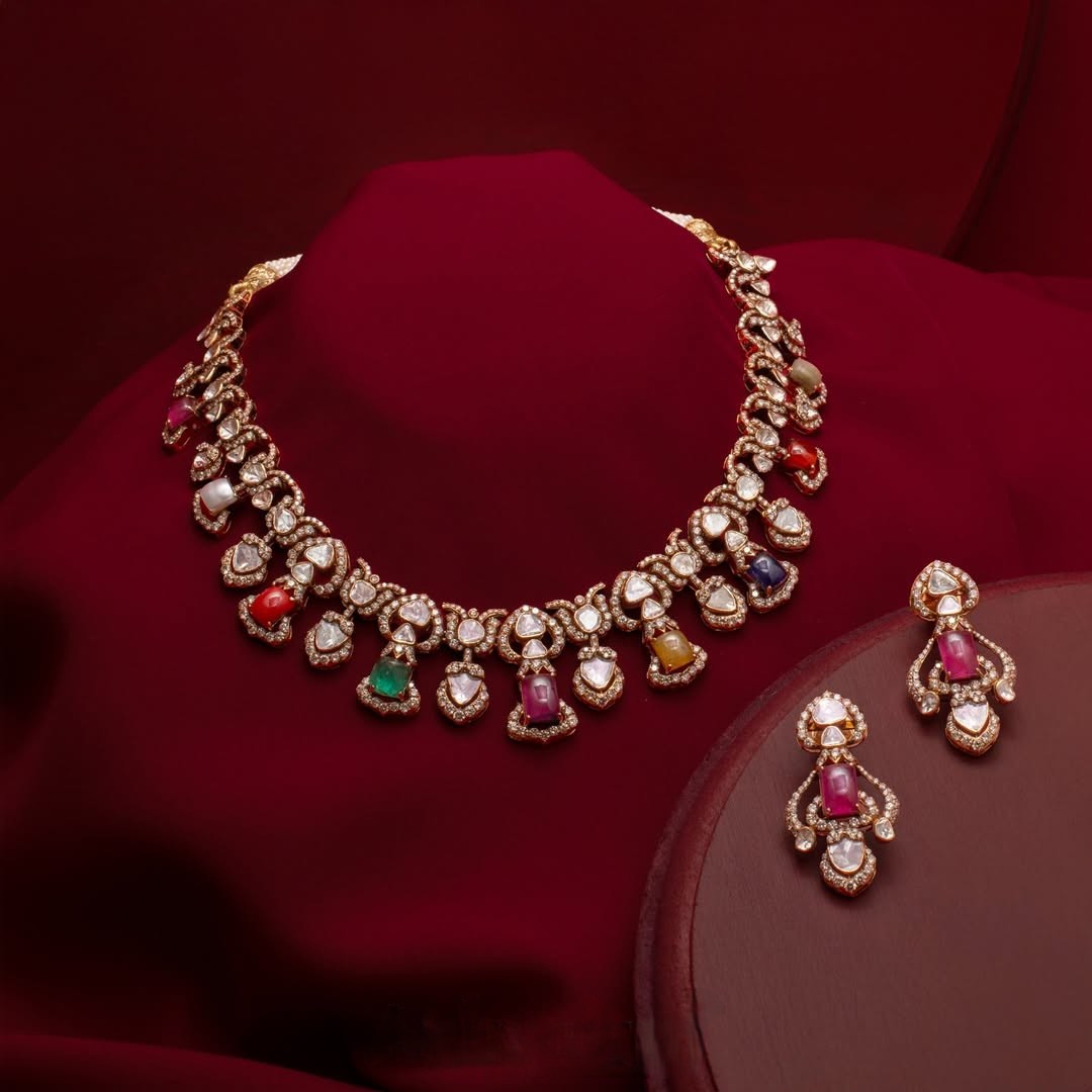 Navratna gemstone necklace with polki diamonds and matching statement earrings by AabushanJewellery1941.