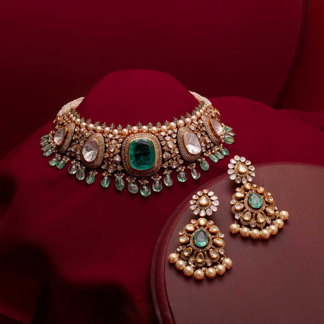 Luxury emerald bridal choker with polki diamonds, pearls and matching drop earrings by AabushanJewellery1941.