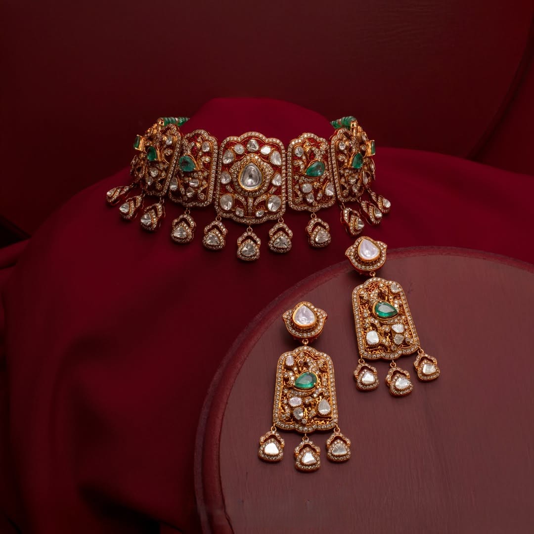 Heritage-inspired polki bridal choker with emerald accents and matching long earrings by AabushanJewellery1941.