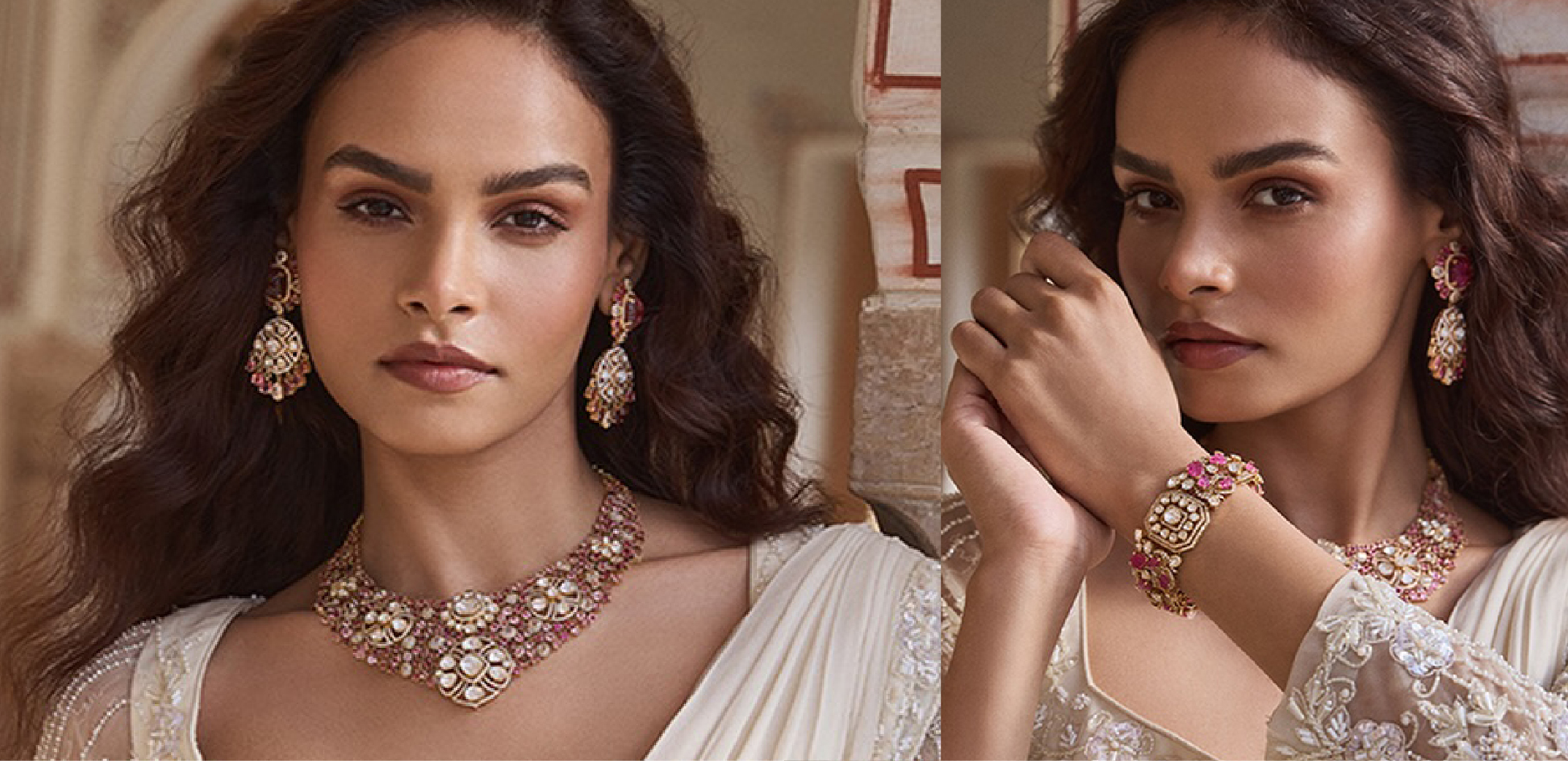 Bride in ivory saree wearing pink gemstone and Polki necklace with matching earrings, ring and bracelet by Kalavarni Jewels