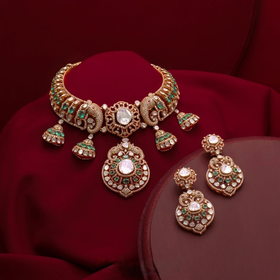 Elephant motif bridal choker with polki diamonds, emerald details and matching earrings by AabushanJewellery1941.