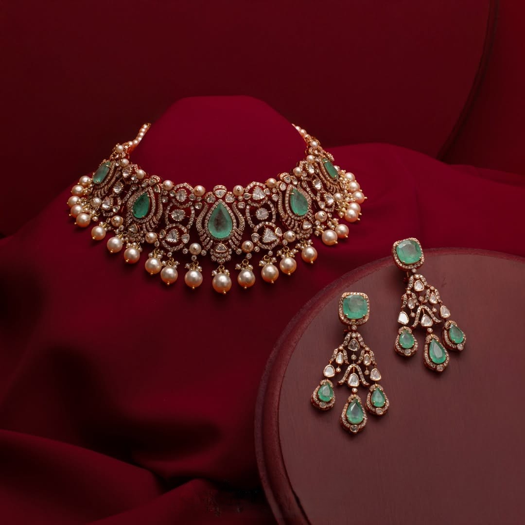 Pearl, emerald and polki bridal choker with matching chandelier earrings by AabushanJewellery1941.