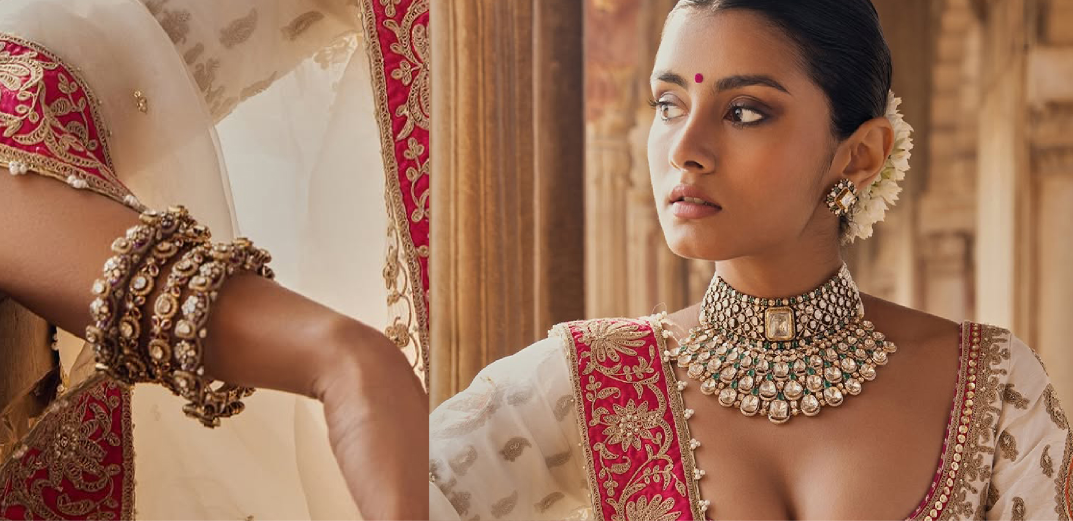 Women in ivory lehenga with pink embroidered borders wearing an ornate Polki choker necklace and stacked bangles by Kalavarni Jewels