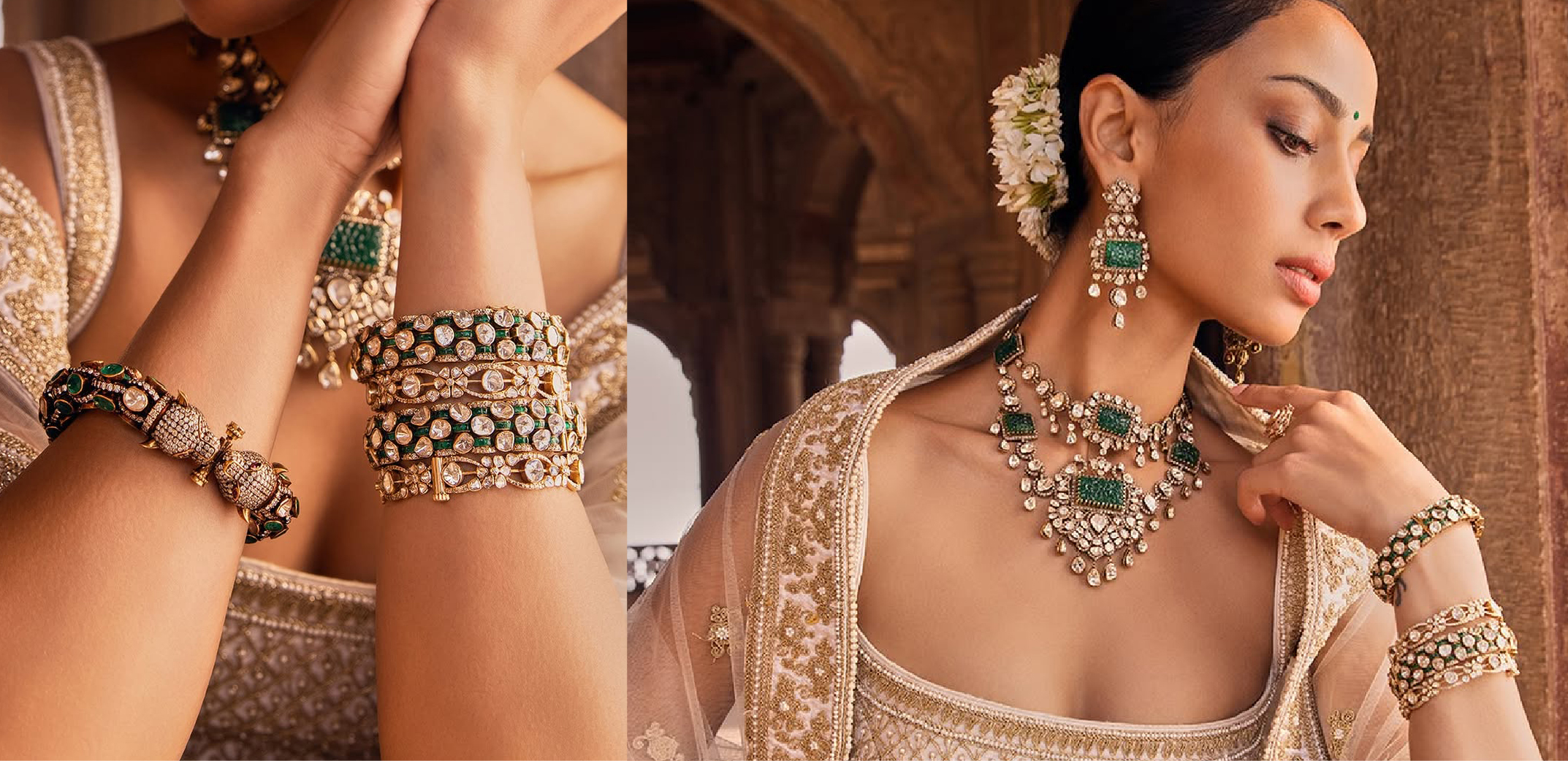 Woman in ivory and gold lehenga wearing emerald and diamond statement necklace with matching earrings and stacked bracelets by Kalavarni Jewels