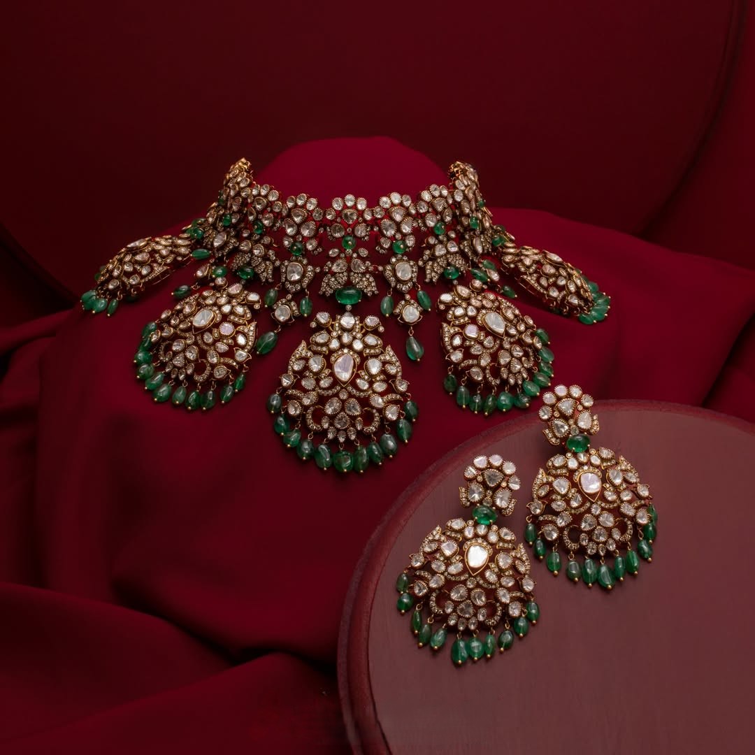 AabushanJewellery1941 polki bridal choker with emerald bead drops and matching statement earrings in antique gold finish.