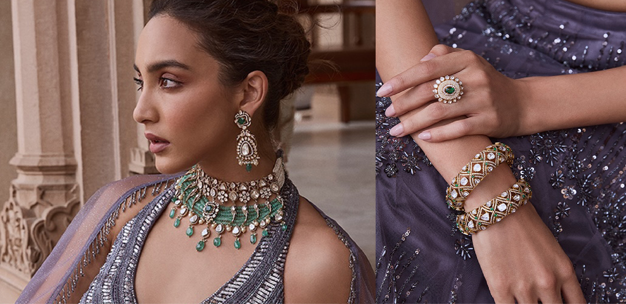 Bride in lavender lehenga wearing emerald and diamond bridal choker with statement drop earrings and Polki bangles by Kalavarni Jewels