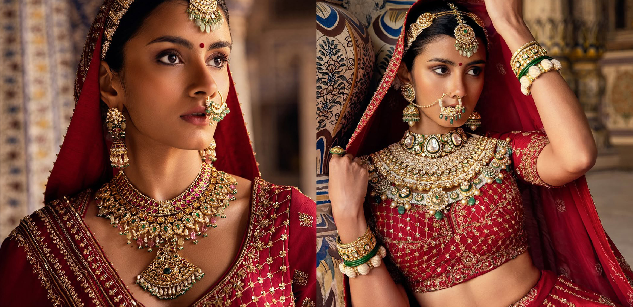 Bride in red bridal lehenga wearing layered Polki and emerald jewellery, traditional nath, maang tikka and statement bridal necklace by Kalavarni Jewels