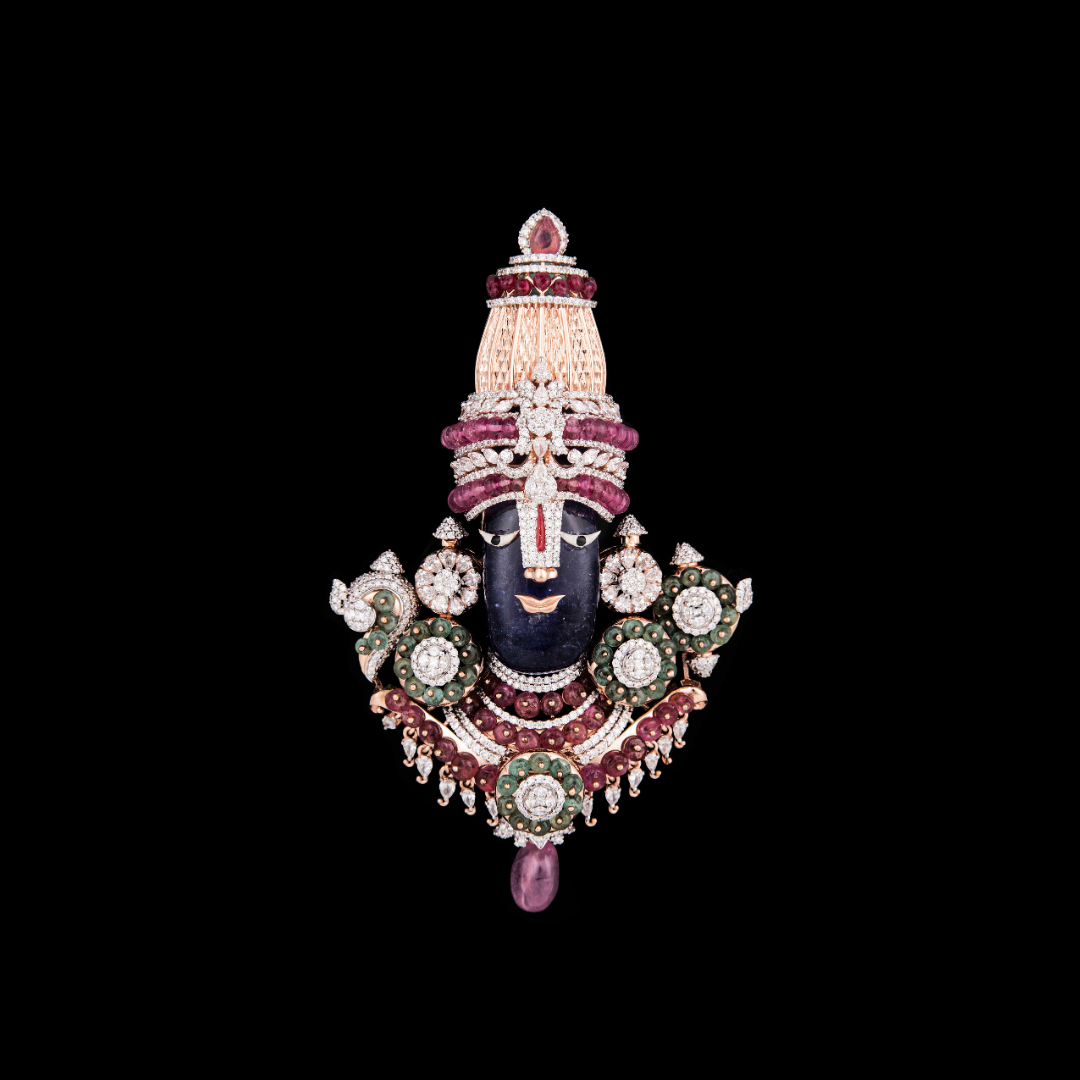 Aisshpra Gems and Jewels Divyadarshan groom’s jewellery accessory inspired by Tirupati Balaji with diamonds and coloured gemstones
