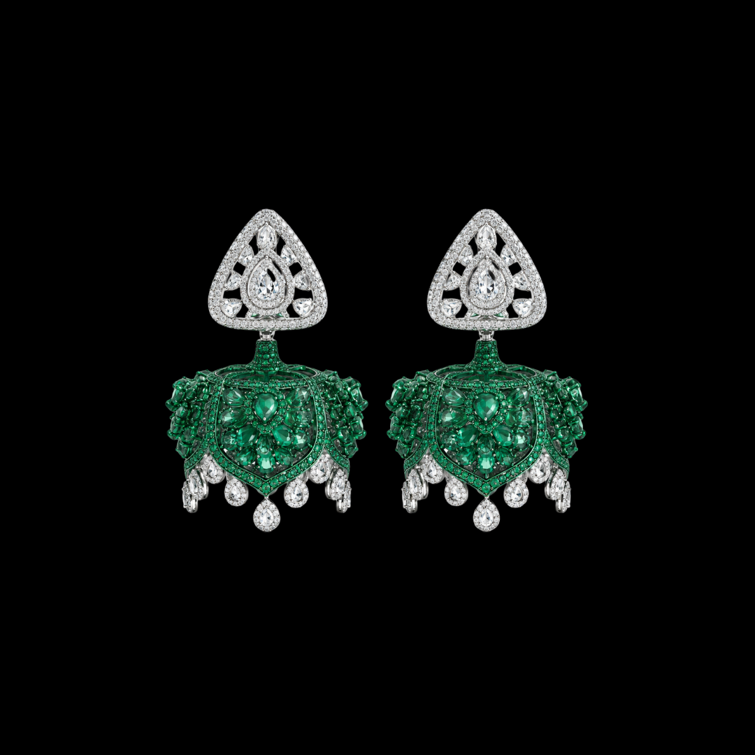 AJB Fine Jewels The Chandelier earrings with green gemstones, diamonds and cascading drops