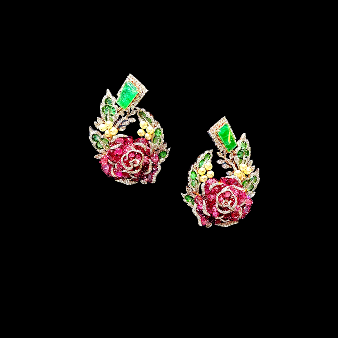 Abhushan Diamonds & Gold Amour en Fleur floral earrings with red, green and multicoloured gemstones