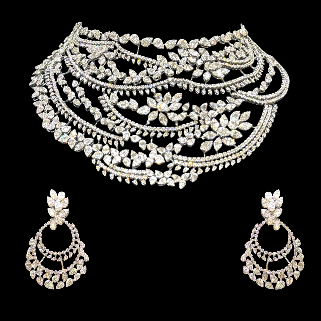 Layered bridal diamond necklace with floral motifs and matching earrings by Abhushan Diamonds & Gold