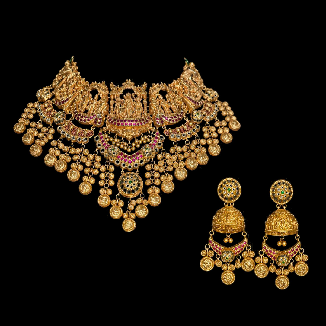 Anopchand Tilokchand Jewellers The Sanctum temple-inspired gold bridal necklace with carved charms and matching jhumka earrings