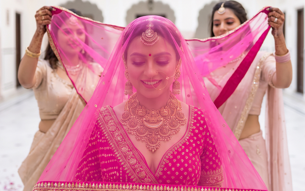 Bride in a vibrant pink bridal ensemble wearing an ornate traditional gold necklace, matching earrings and maang tikka beneath a sheer pink veil.