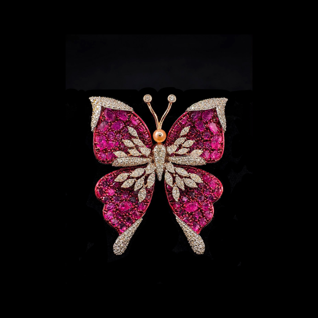 Wings of Radiance precious coloured gemstone butterfly ring by Batukbhai Sons Jewellers set with pink gemstones and diamonds.