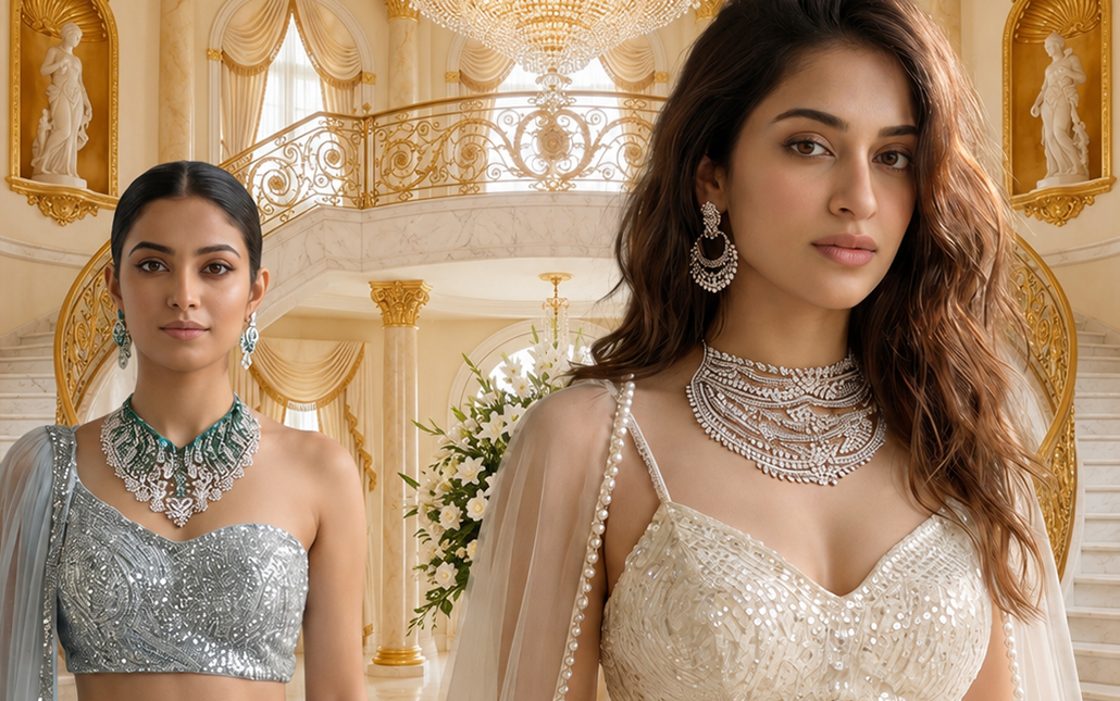 Brides wearing statement bridal diamond jewellery in an elegant wedding setting