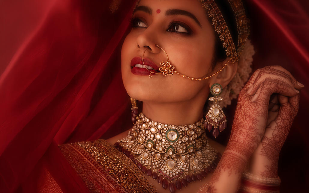 Bride wearing Khurana Jewellery House’s Ripples of The Palace Polki choker and earrings with intricate Mughal-inspired detailing.