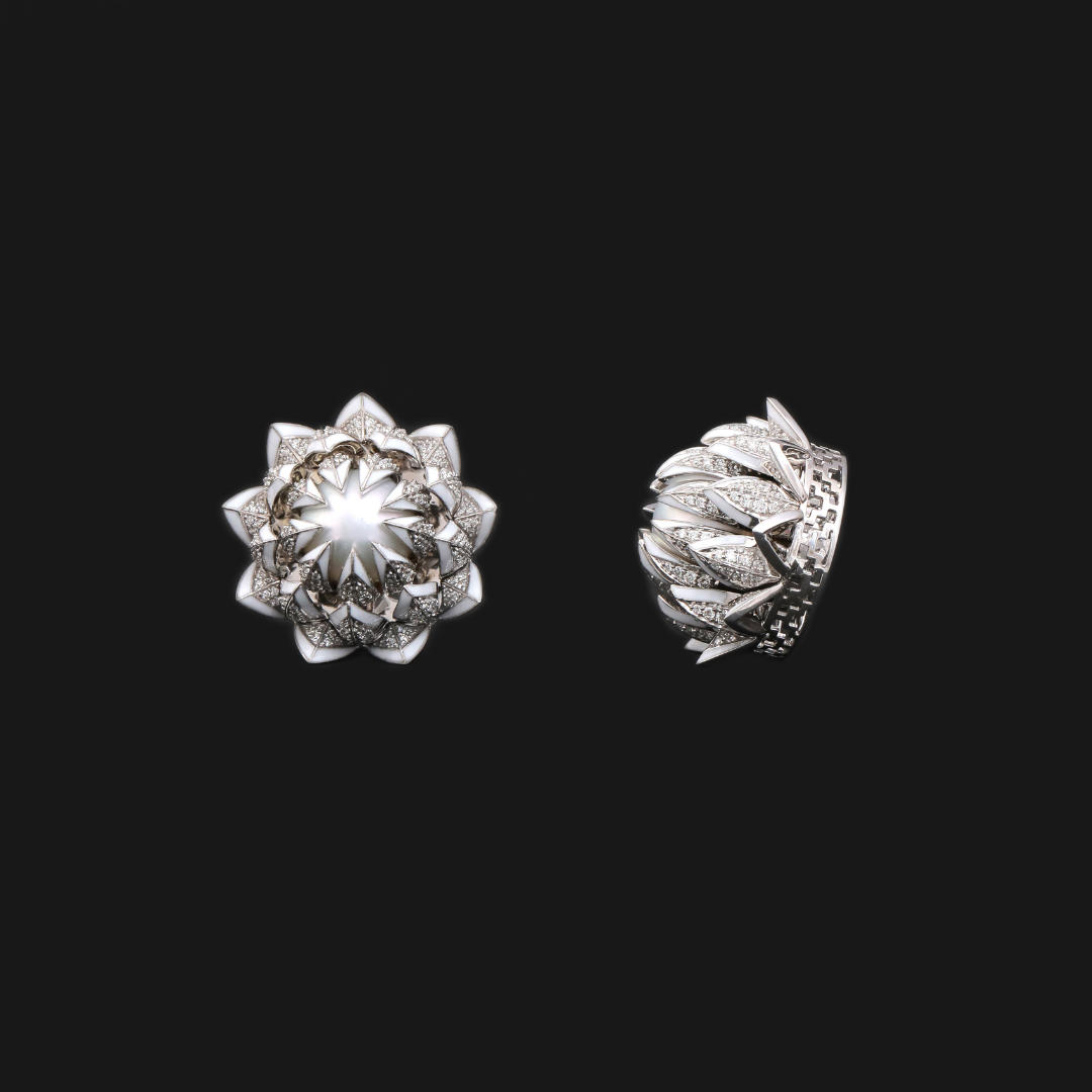 Charu Jewels Petals of Purity groom’s jewellery accessory featuring a sculptural diamond lotus bud design