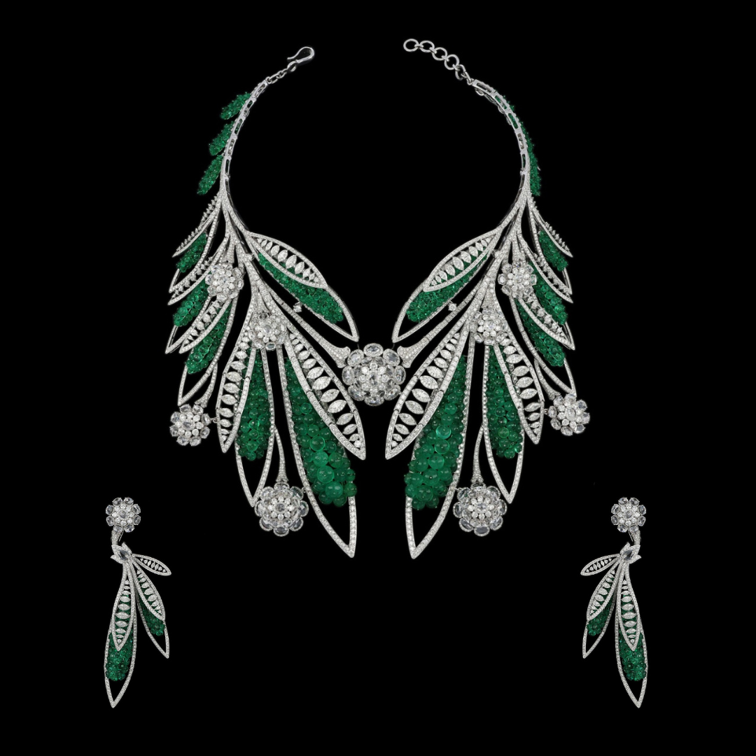 D.P. Jewellers Whispers of the Eternal Grove bridal statement necklace and earrings with green leaf motifs and diamond detailing