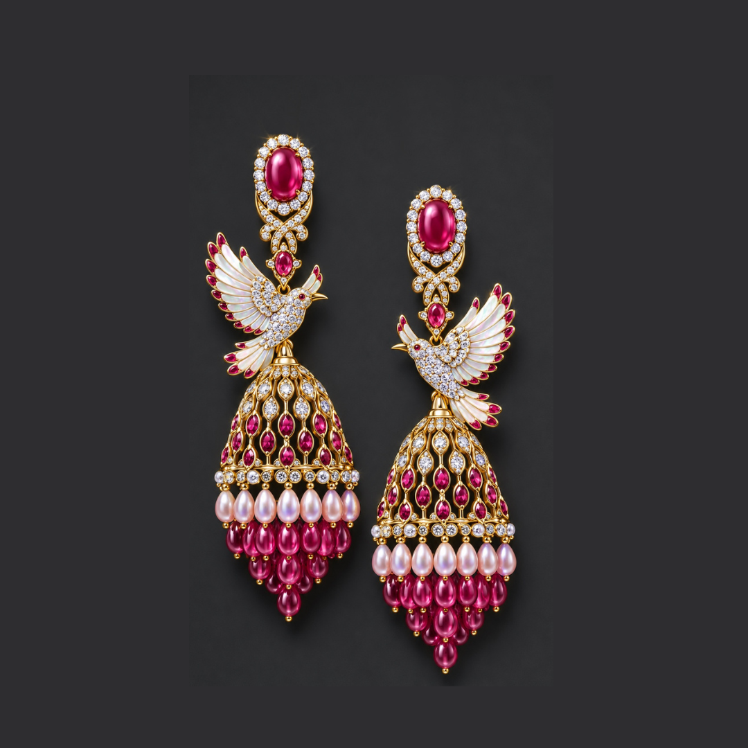Farah Khan Fine Jewellery Crimson Plume bird-inspired earrings with crimson gemstones, pearls and gold detailing
