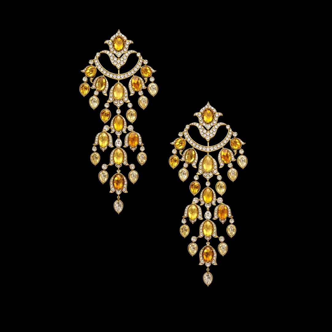 Farah Khan Fine Jewellery The Imperial Cascade earrings with golden gemstones and cascading diamond-set details.