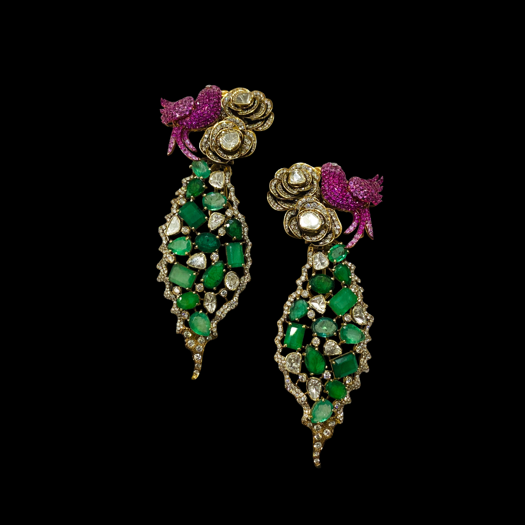 Frontier Jewellers The Language of Flowers earrings with green gemstones, floral motifs and pink bird details