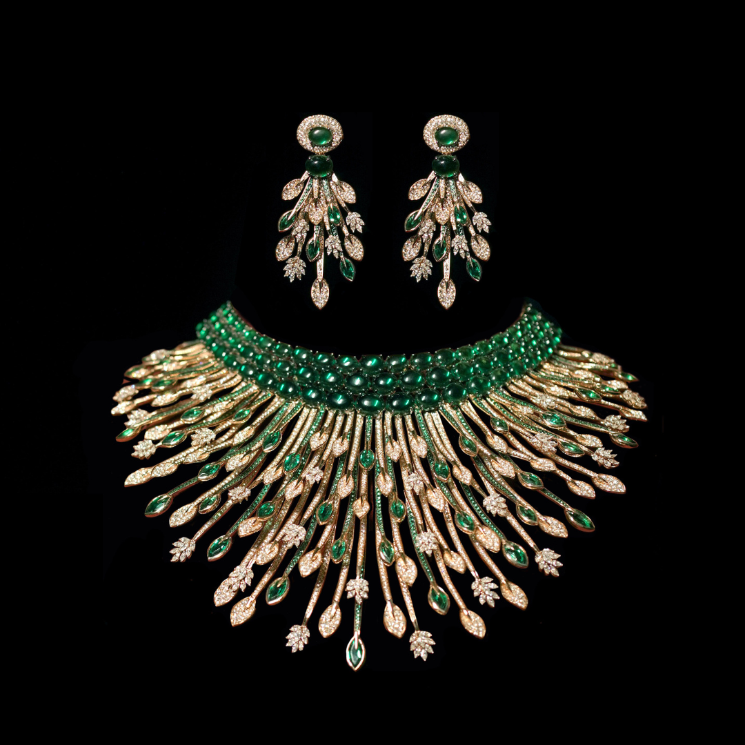 Frontier Jewellers The Quiet Dawn bridal statement emerald and diamond necklace with matching earrings and cascading leaf-inspired design.