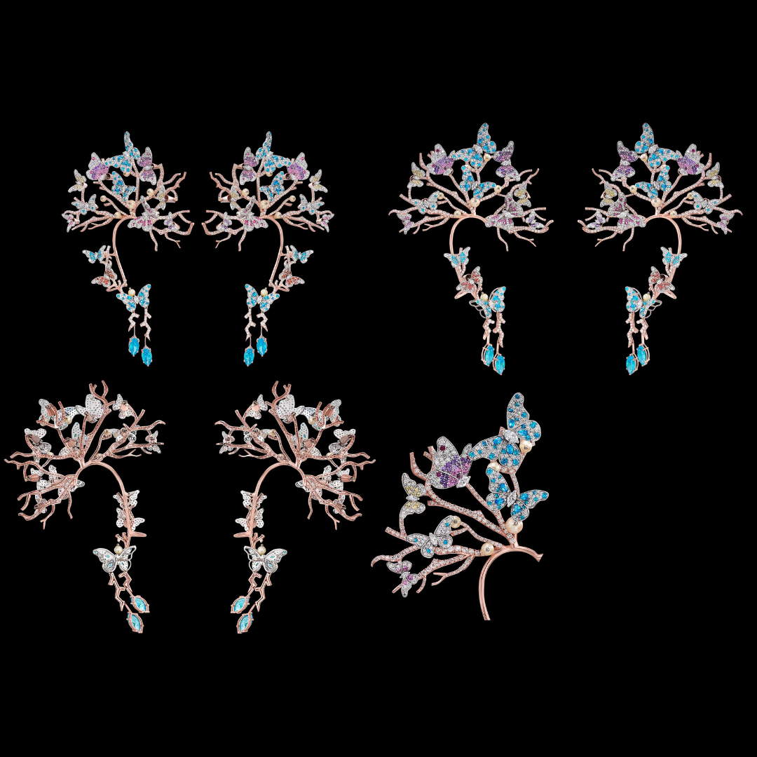 Glow by Kirtilals Wings Among Branches earrings featuring colourful birds, butterflies and intricate branch motifs. 