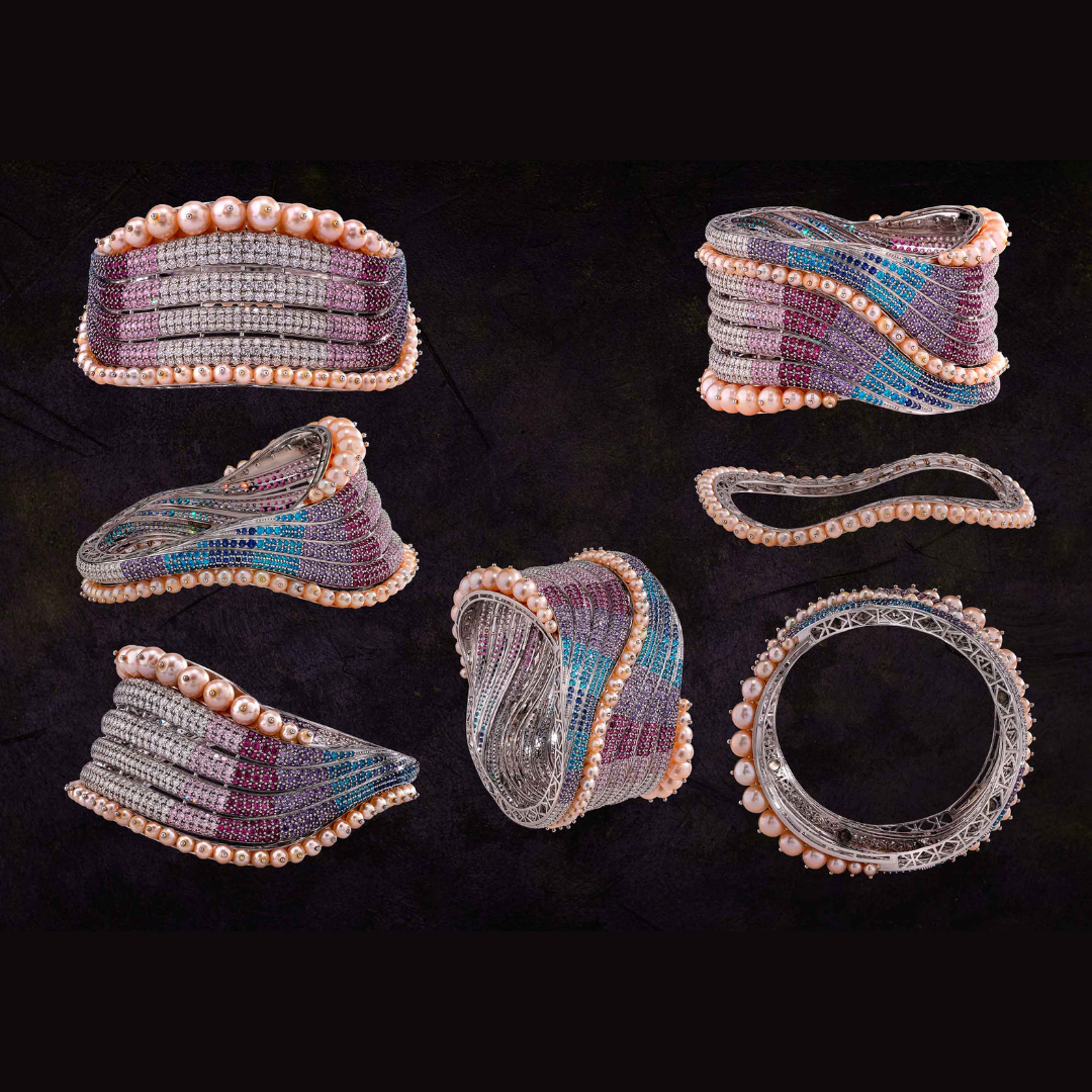The Ribbon of Light coloured gemstone bracelet by Glow by Kirtilals featuring sweeping multicoloured ribbon-like curves.