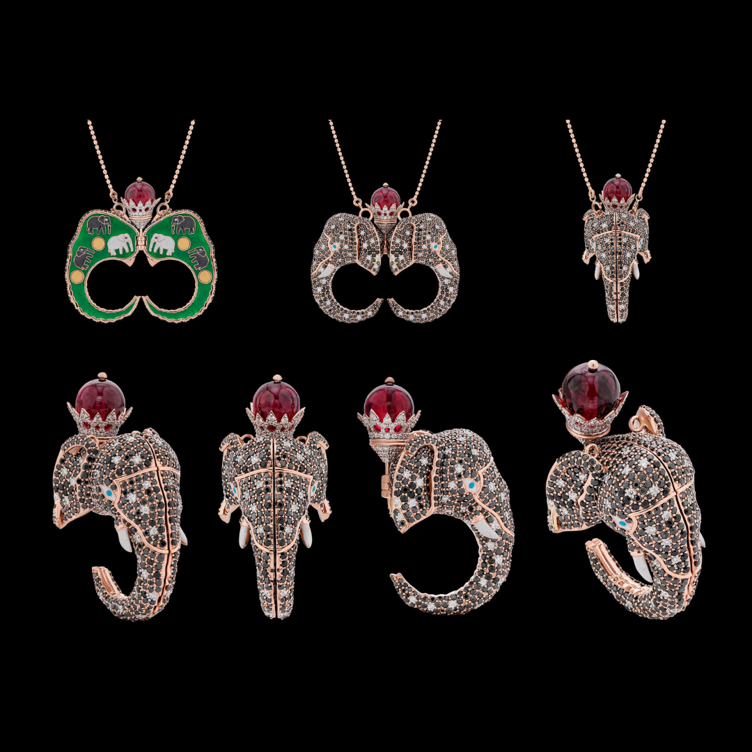 The Jewel Bearer coloured gemstone elephant ring by Glow by Kirtilals featuring intricate detailing and vivid green and red accents.