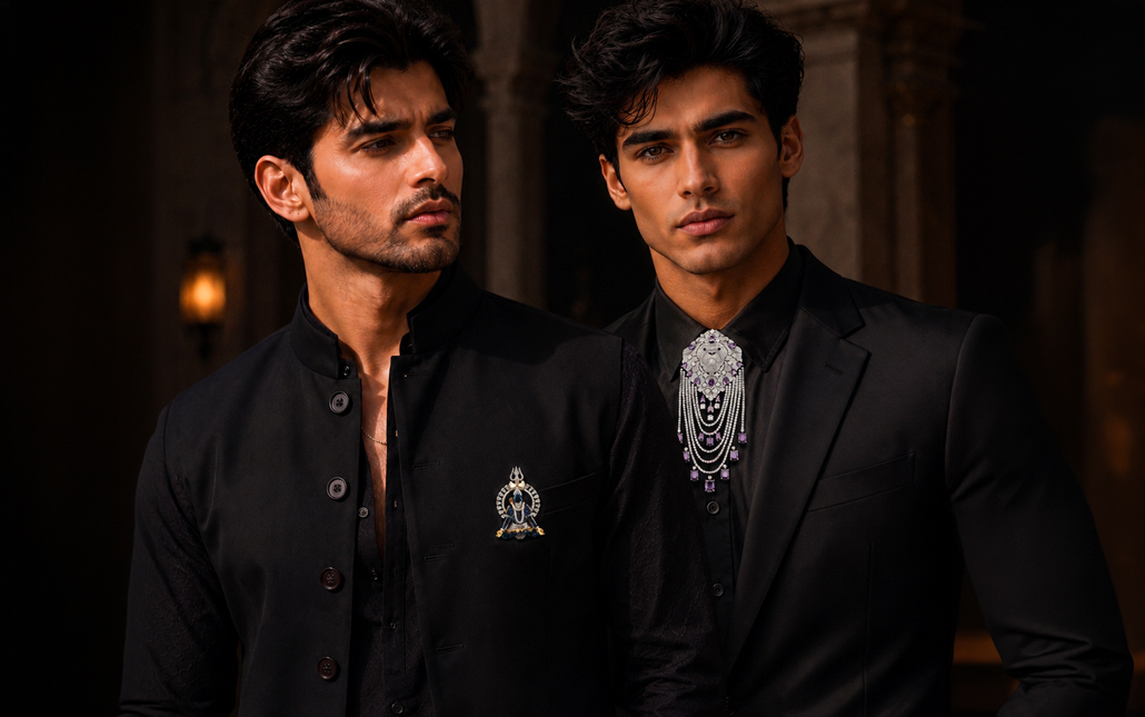 Male models styling statement groom’s jewellery accessories with black formalwear, featuring an ornate lion motif and Lord Shiva-inspired brooch.
