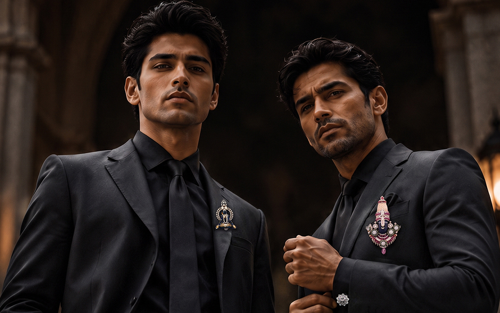 Two male models in black formalwear showcasing statement groom’s jewellery brooches inspired by divine and regal motifs.