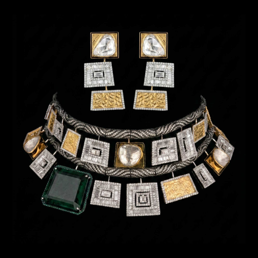 Harsahaimal Shiamlal Jewellers Avant – Garde Royale geometric bridal statement necklace and earrings with green, white and gold elements.