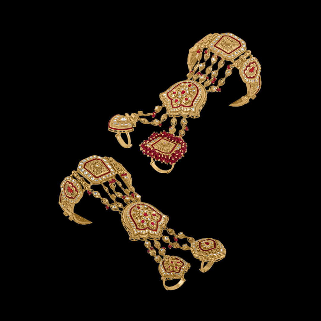 Indriya by Aditya Birla Group Padmapriya bridal hand jewellery featuring intricate lotus-inspired gold detailing.
