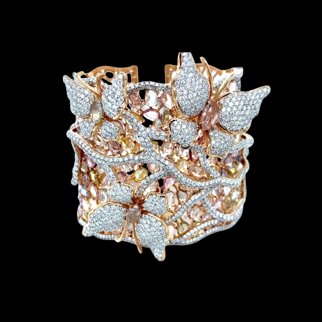 Jet Gems Fine Jewellery Among the Butterflies natural diamond bangle featuring diamond butterflies, flowers and branching motifs