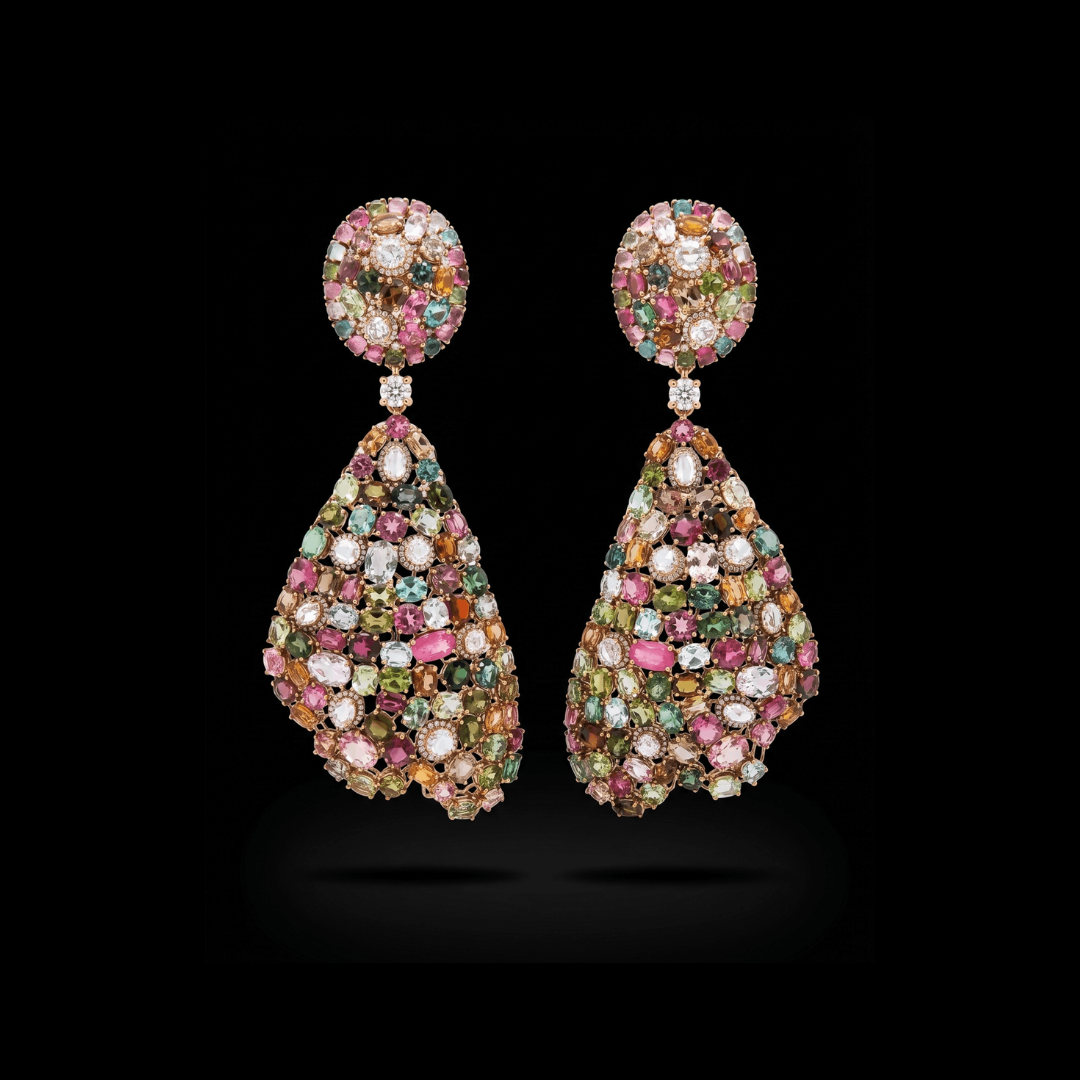 Kalavarn Jewels A Painter’s Palette coloured gemstone earrings featuring a vibrant mix of multicoloured precious stones. 