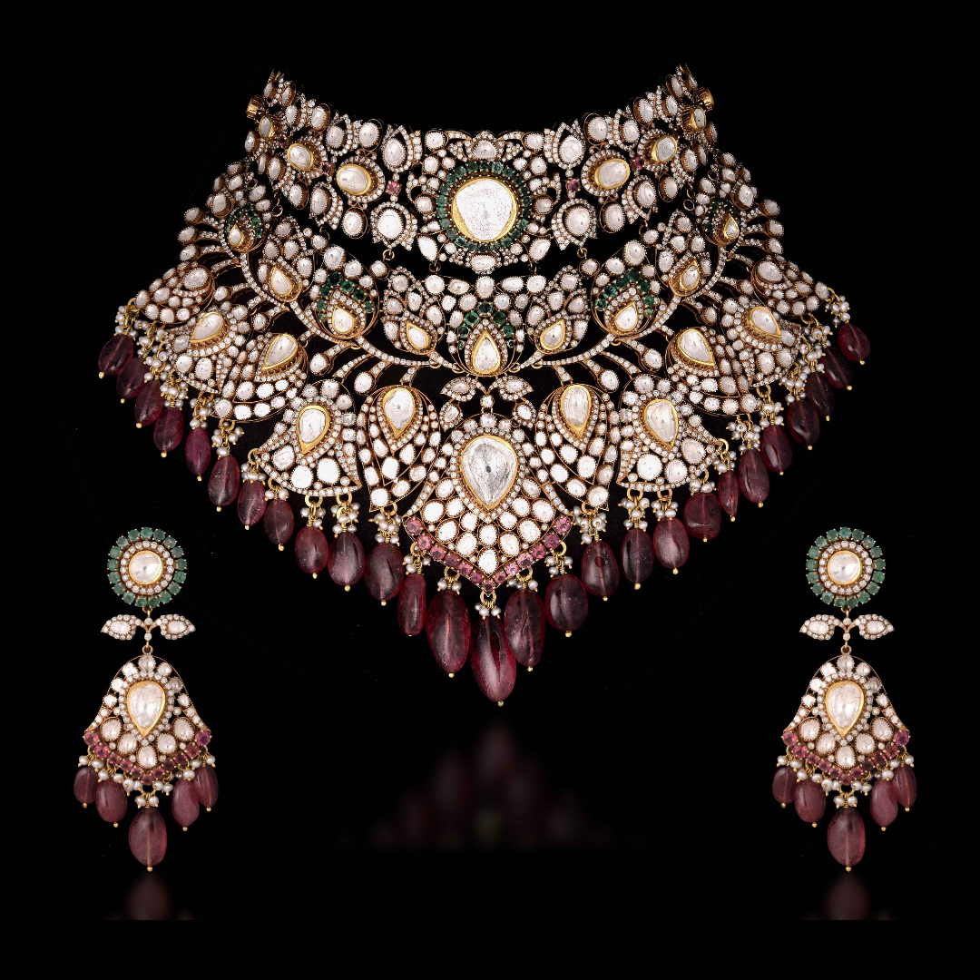 Khurana Jewellery House Ripples of The Palace bridal Polki choker and earrings inspired by Mughal architecture.