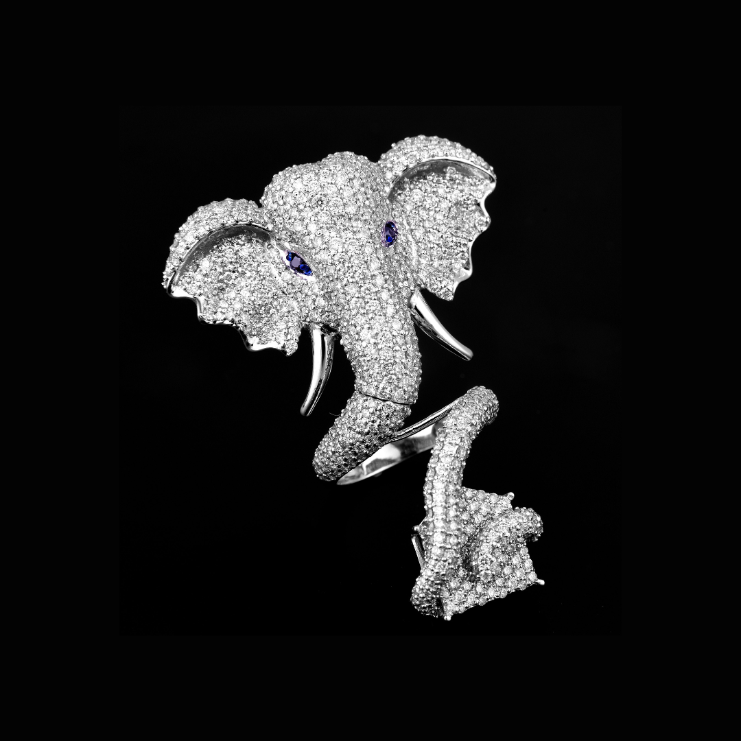 Khurana Jewellery House Guardian of Wisdom natural diamond ring featuring a sculptural diamond elephant design