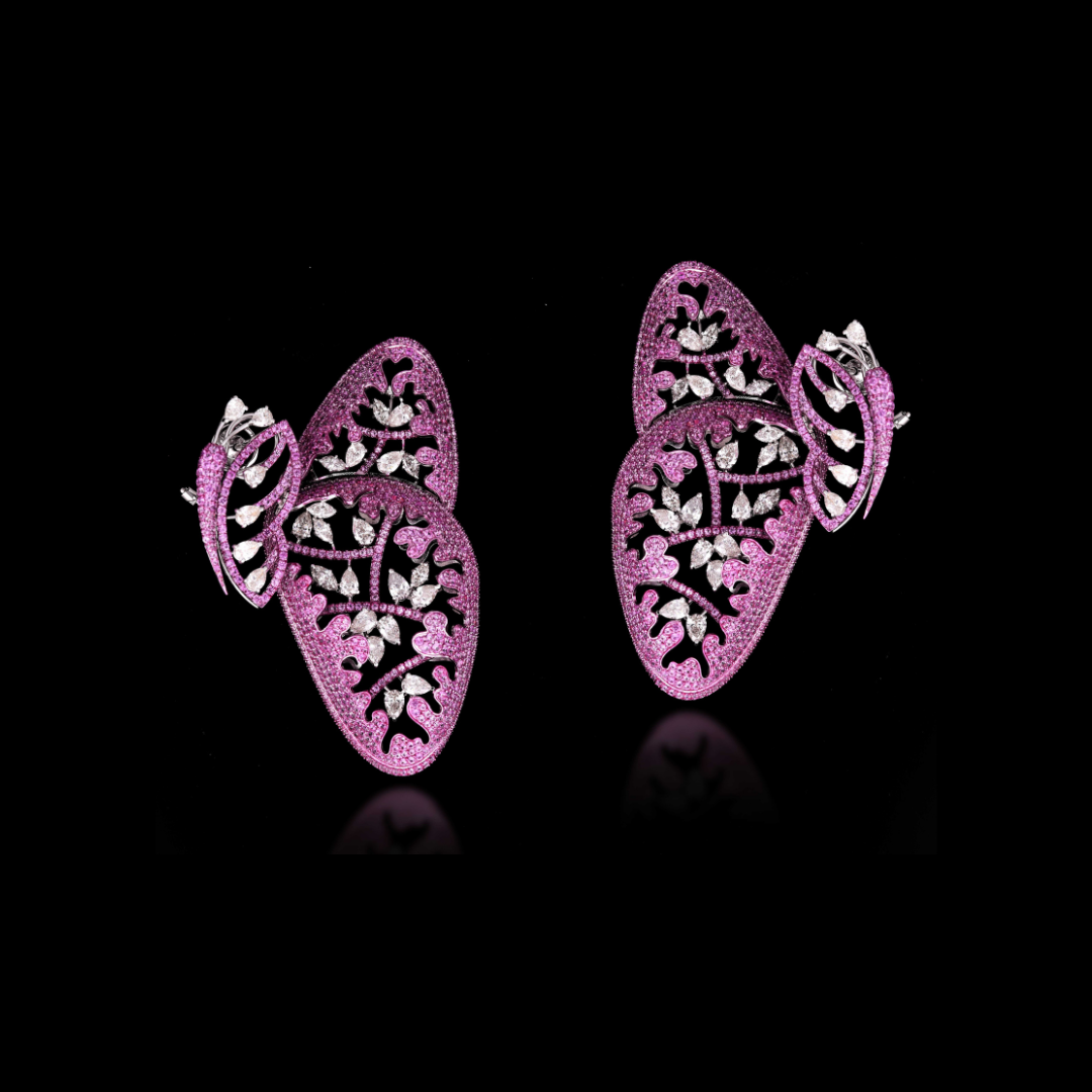 Khurana Jewellery House First Flutter pink gemstone butterfly earrings with intricate wing detailing