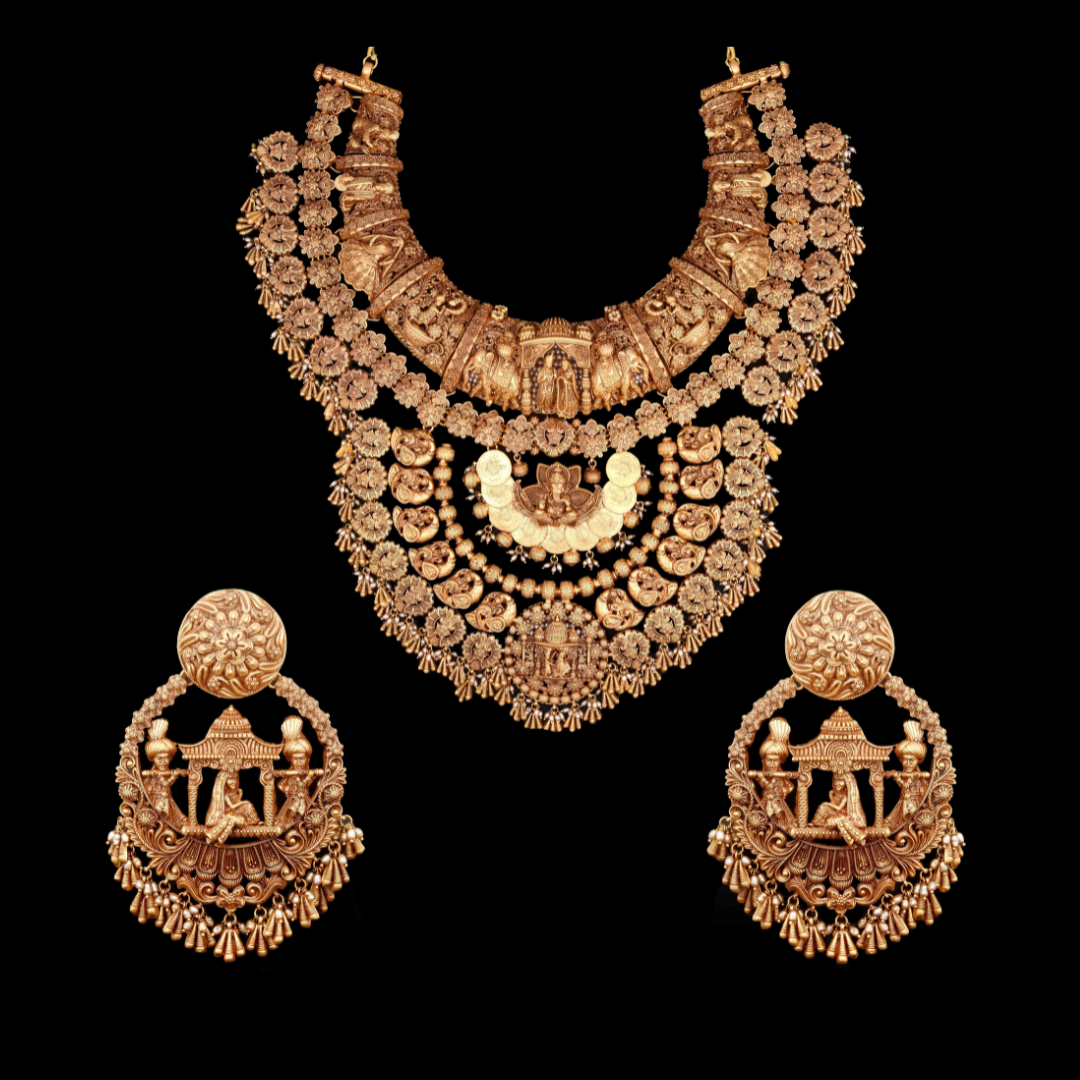 Khurana Jewellery House Mandapa gold bridal necklace and earrings featuring Goddess Lakshmi, elephants and intricate traditional motifs