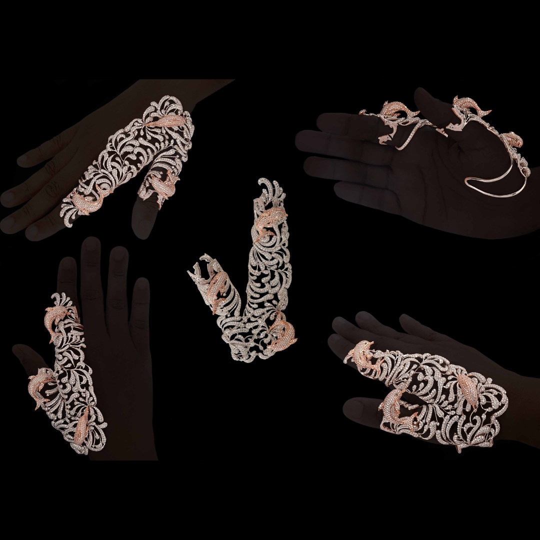 Kirtilal Kalidas Jewellers Dance of the Dolphins sculptural bridal hand jewellery with intricate flowing motifs 