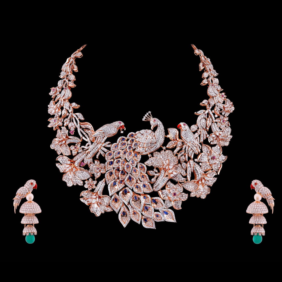 Peacock-inspired bridal diamond necklace and earrings by Kirtilal Kalidas Jewellers