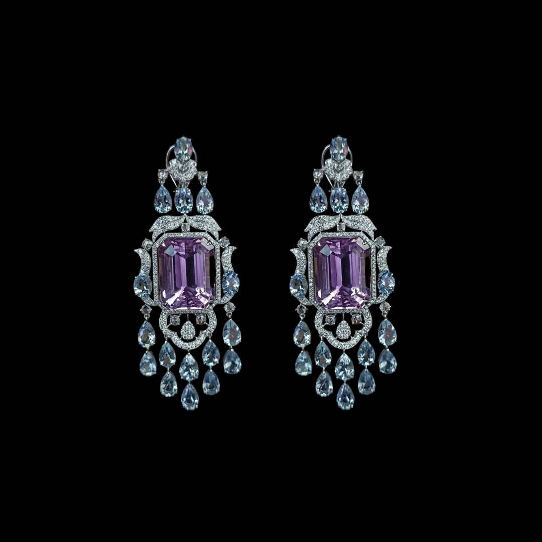 Mehta Emporium Jewellers Palais Lumière earrings featuring purple centre gemstones, blue stones and cascading gemstone drops. 