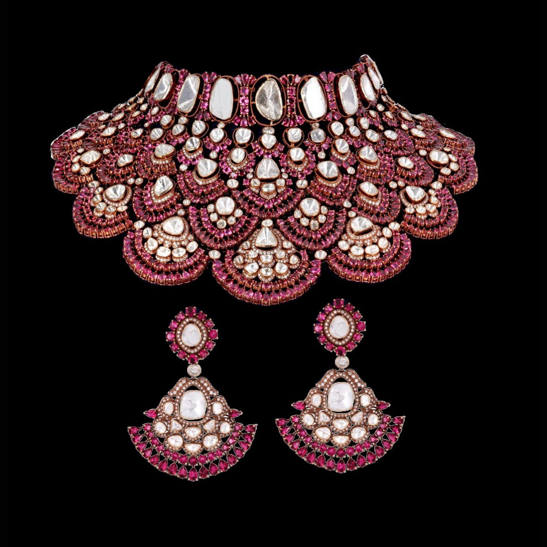 The Scalloped Palace precious coloured gemstone bridal choker and earrings by PMJ Jewels featuring layered scalloped motifs.