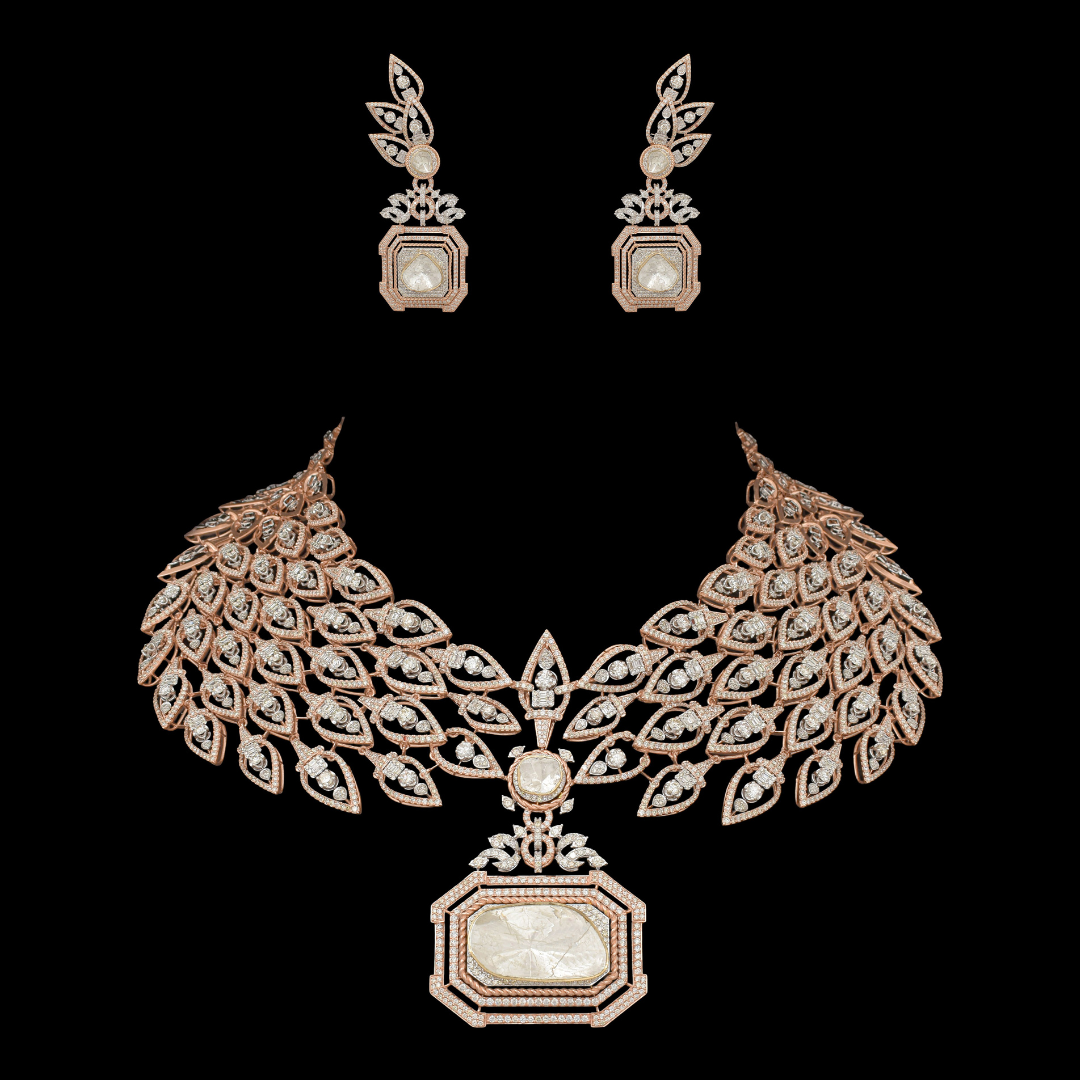 Bridal diamond necklace with wing-inspired motifs and matching earrings by Raniwala Jewellers