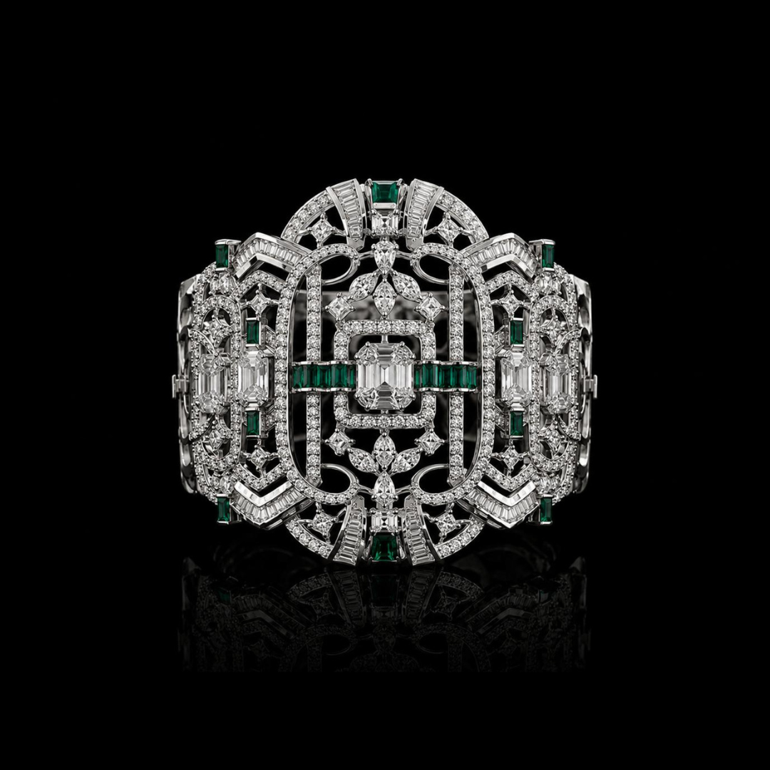 Ranka Jewellers The Art Deco Rhythm natural diamond bangle featuring geometric diamond patterns and green gemstone accents